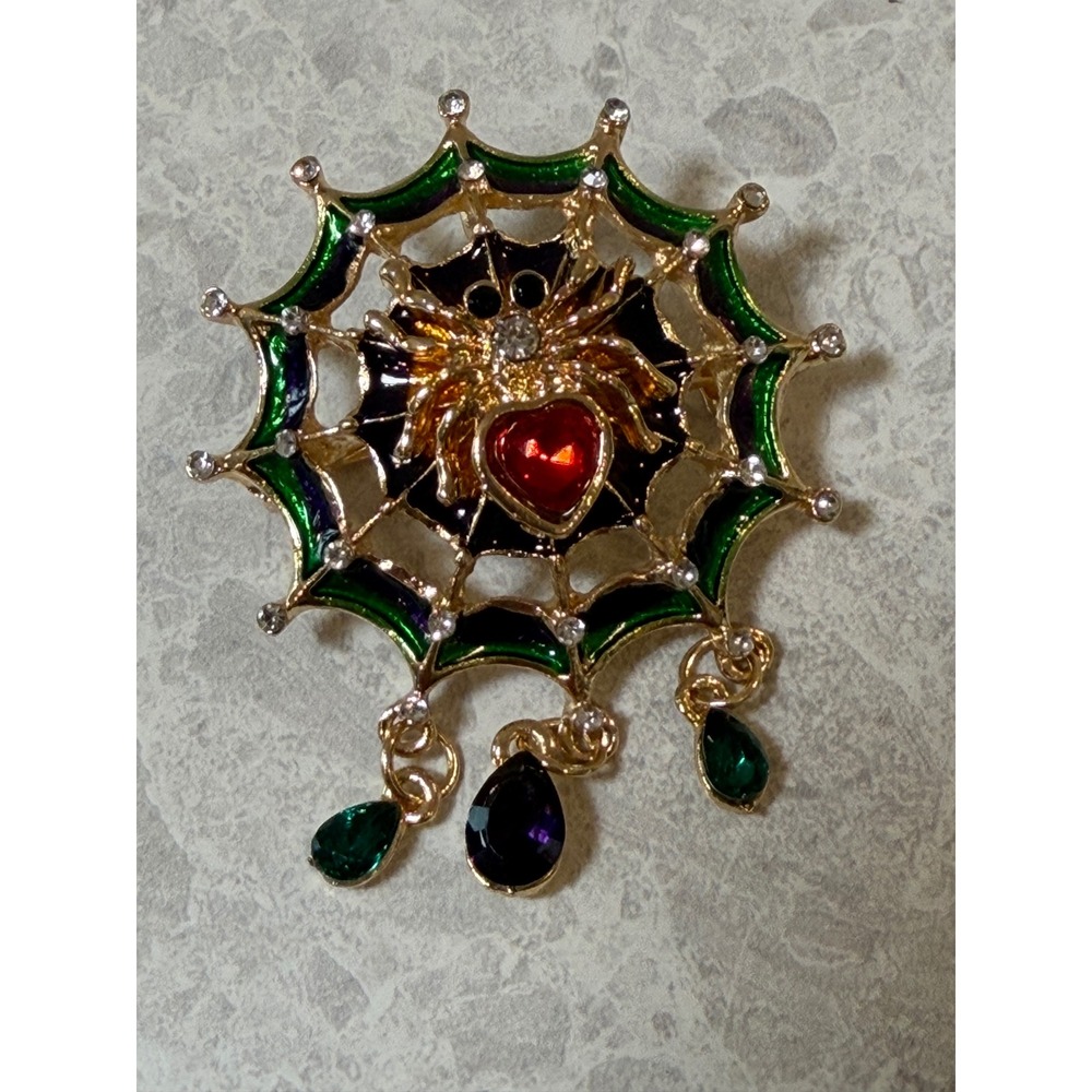 Gold Tone Spider Web Brooch Red Heart Rhinestone Halloween Gothic Pin Dangle